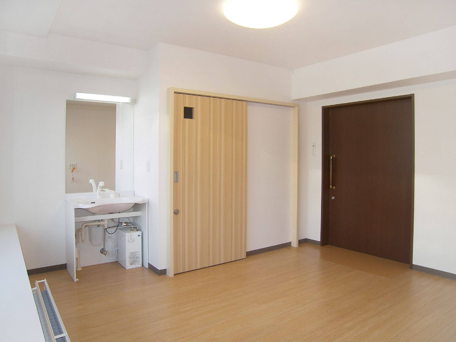 車いす対応の洗面所の隣にはトイレのドアがあり、居室の出入り口にはダークブラウンの大きなスライドドアが設置されている。