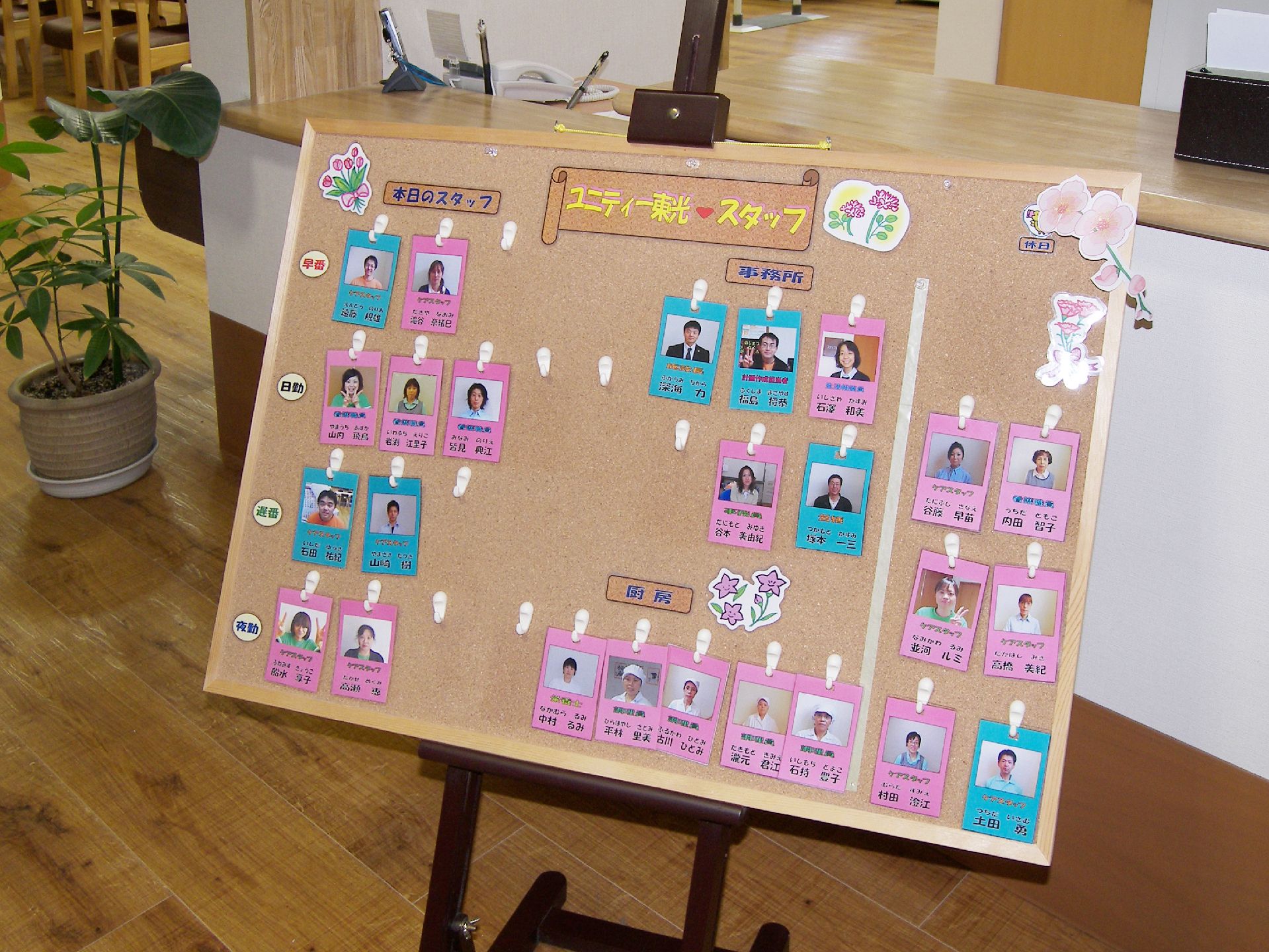 スタッフの写真と名前が書かれている紹介用のコルクボードの様子