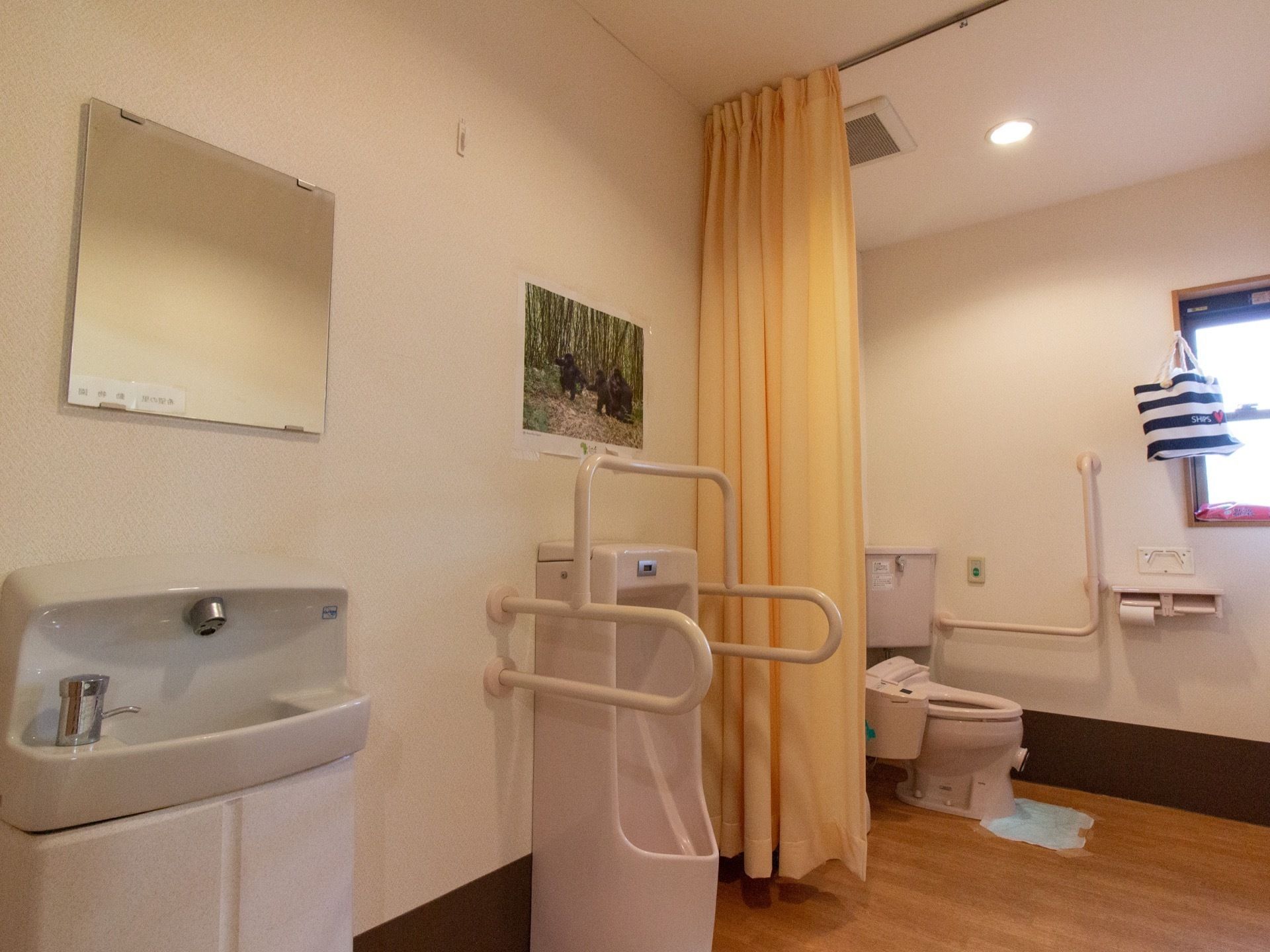 フローリングのトイレ。洋式トイレと男性用小便器があり、それぞれに手すりが設置され、手前には洗面所もある。
