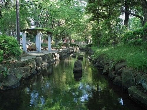 緑豊かな公園。中央には小川が流れ、そのすぐそばにはベンチが設置され、日陰となっている。小川の中にはいくつか置き石がある。