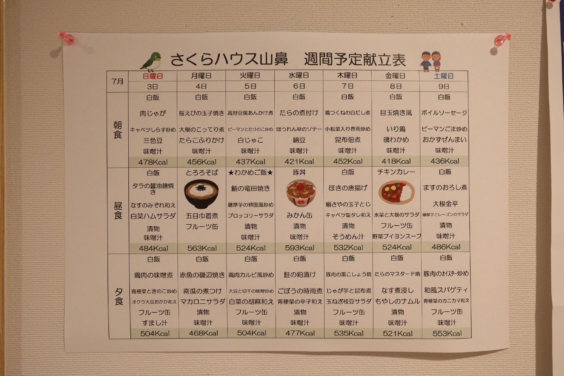 施設内に設置された献立表