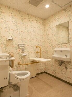 洋式のトイレにはふたがなく、たくさんの手すりが設置され、呼び出しボタンやバーもある。