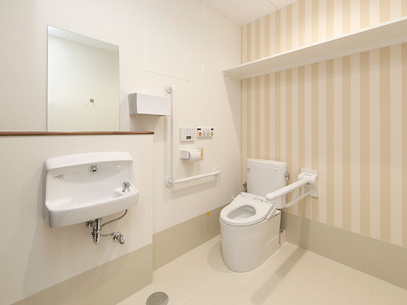 手すりがついた安全なトイレの様子。車いすのまま入れる広さを確保してあるトイレ