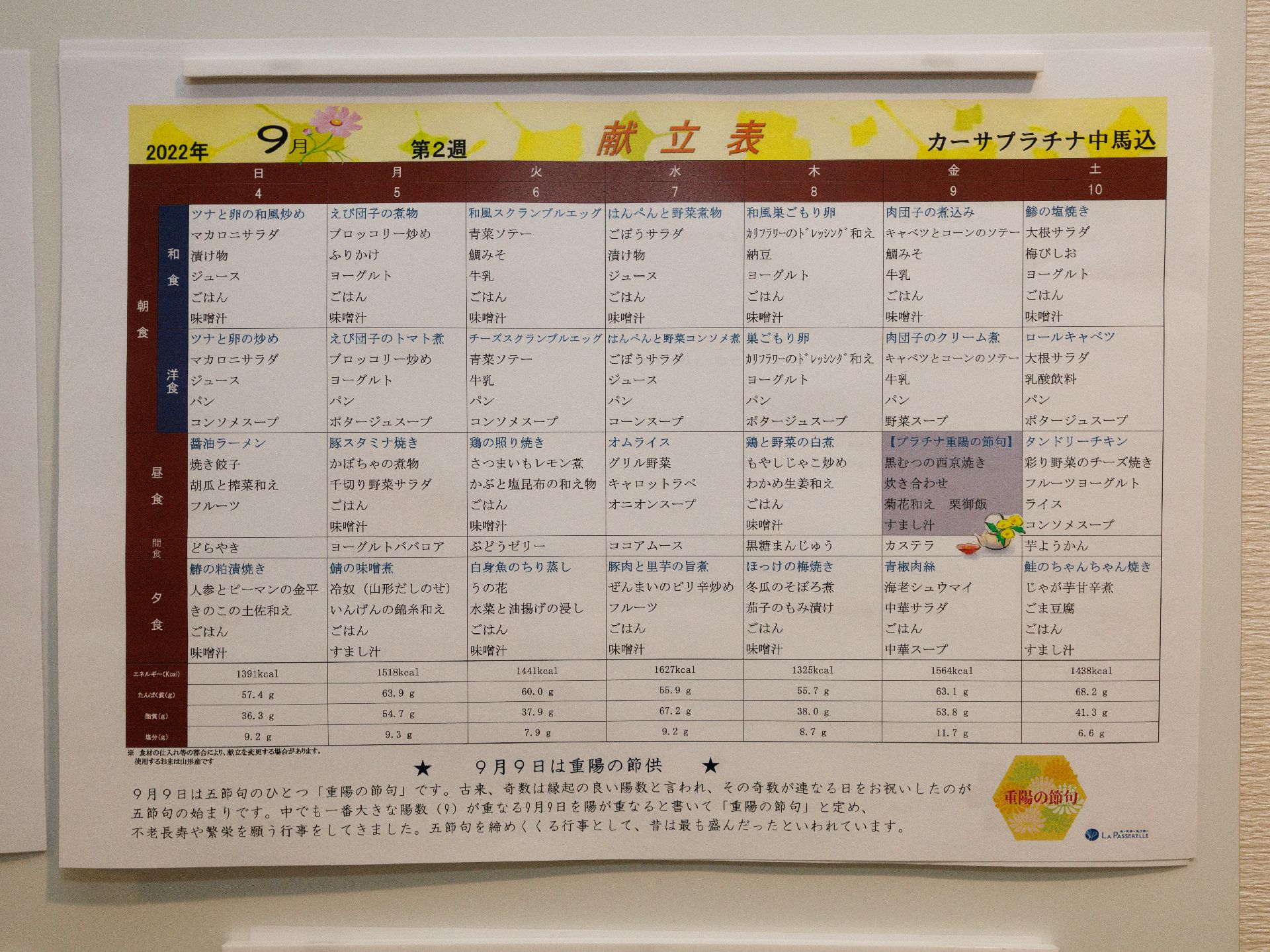 介護付き有料老人ホームの献立表