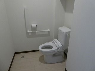 広いトイレにはふたのない便座が付いていて、壁にはトイレットペーパーホルダーや手すりが付いている。