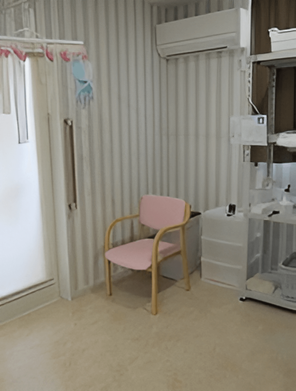 ピンクの椅子や収納ケースが設置された脱衣所にはエアコンが付き、洗濯物も干されている。