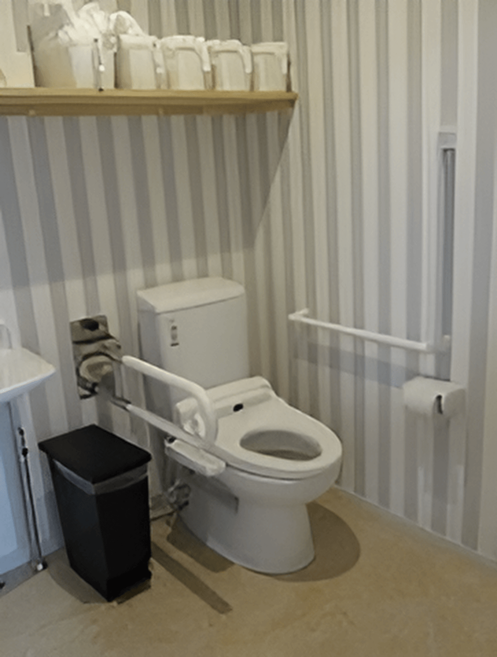 可動式の手すりと固定式の手すりが付いたトイレにはふたがなく、トイレの上には棚がある。