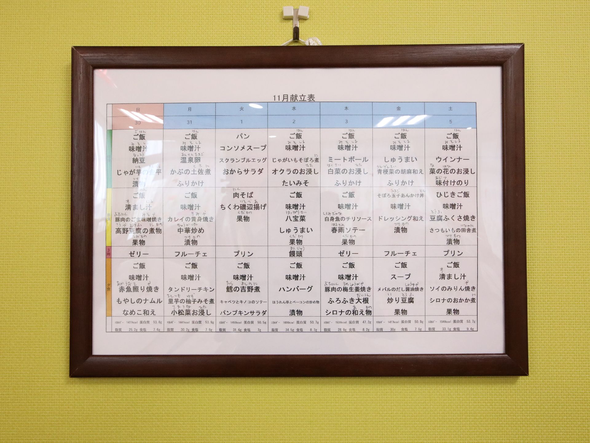 食事のメニューが書かれている献立表
