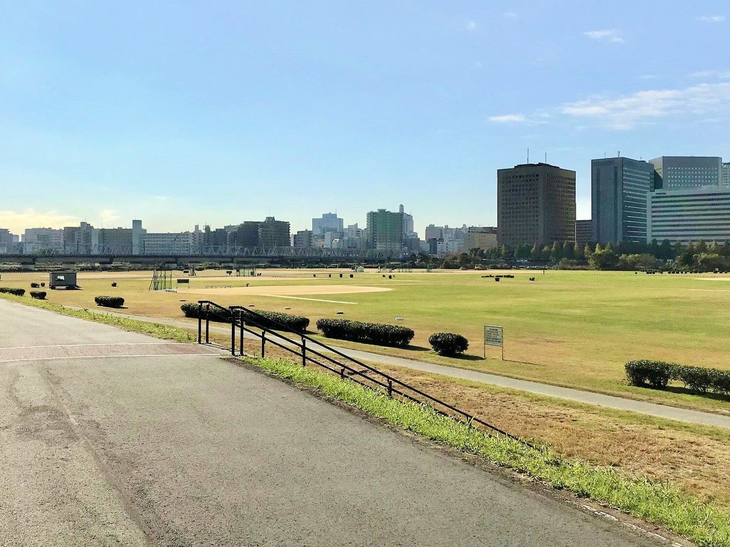 広々とした河川敷が広がっている。手前には手すり付きの階段があり、奥にはビルが建ち並んだ街がある。