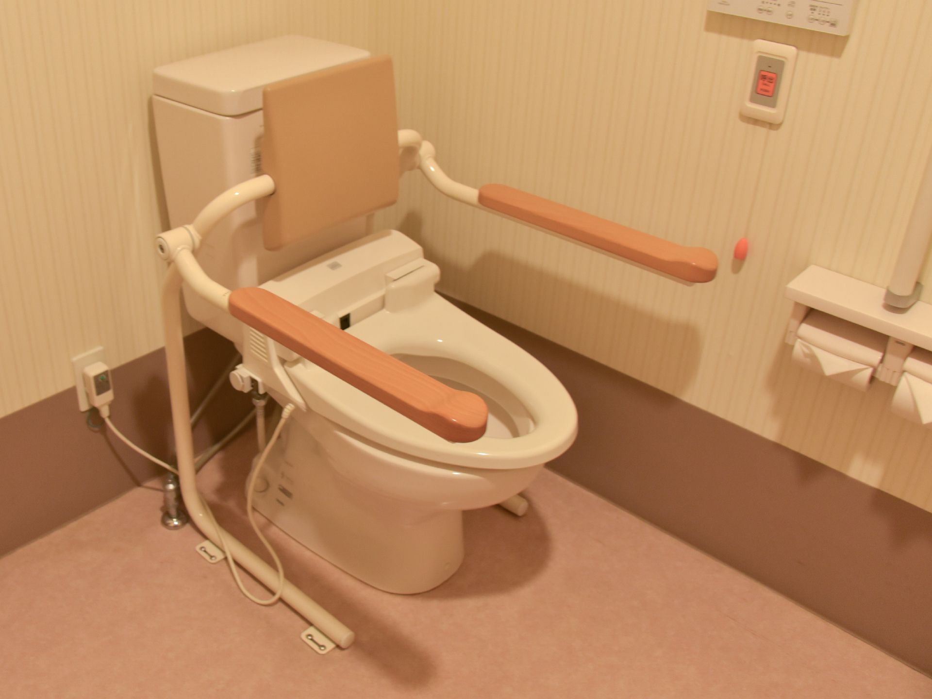 トイレは洋式となっており、立ち座りが簡単にできるようにトイレの両脇にアームレストがある。緊急用に近くにナースコールも設置されている。