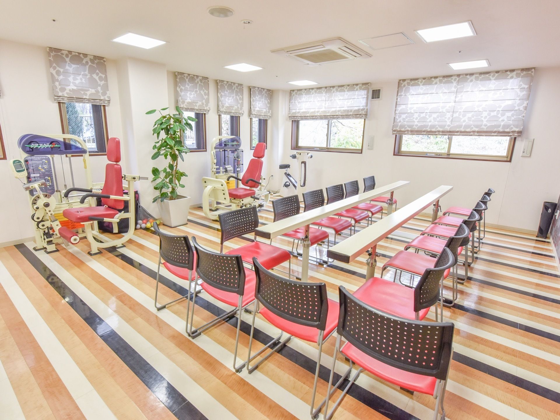二本のバーが並んでおり、その周りに椅子が置かれている。壁際には筋トレのマシンなどが複数設置されている。