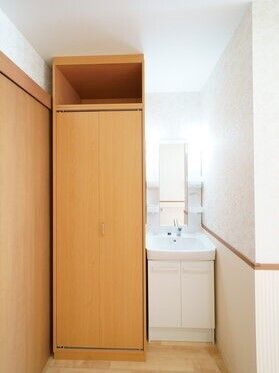 大きなクローゼットが居室の出入り口のそばに設置され、そのすぐそばに洗面所がある。