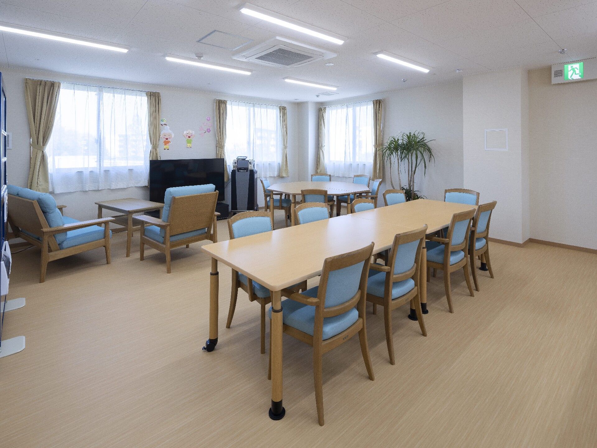 ライトブルーの椅子がセットされた木製のダイニングテーブルが置かれ、同じカラーのソファがテレビのそばにある。