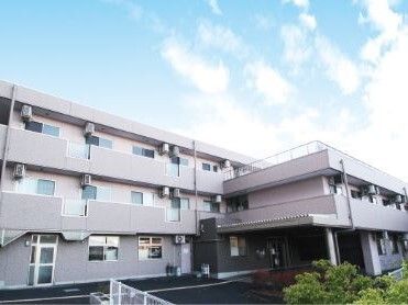 グレーの3階建ての建物は一部2階建てで屋上スペースがある。敷地内には緑が植えられ、玄関には屋根がある。