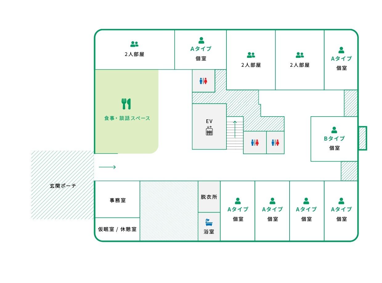 Nursing home TSUMUGIの1Ｆのフロアマップ
