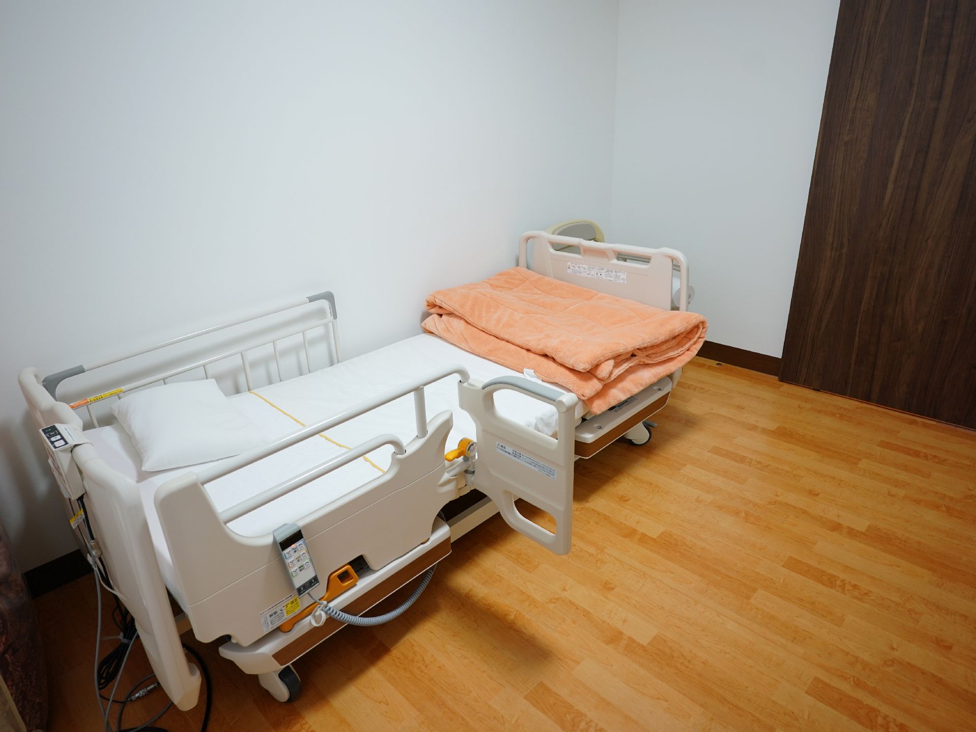 緑の多い屋外で笑顔で散歩をしている車いすの高齢女性と付き添いのエプロンを付けた女性スタッフ。
