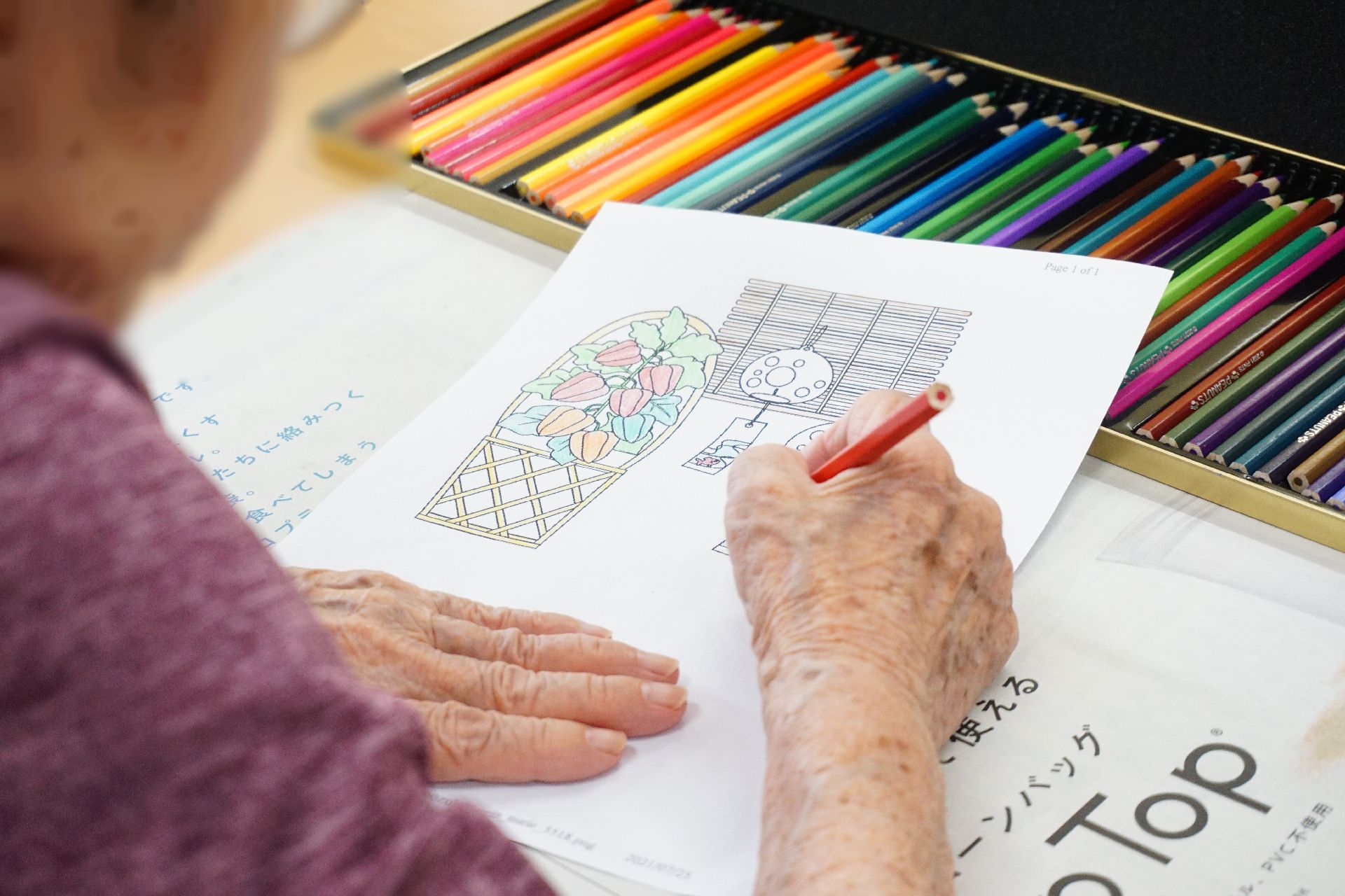 色鉛筆を使って塗り絵のレクリエーションに取り組んでいる入居者
