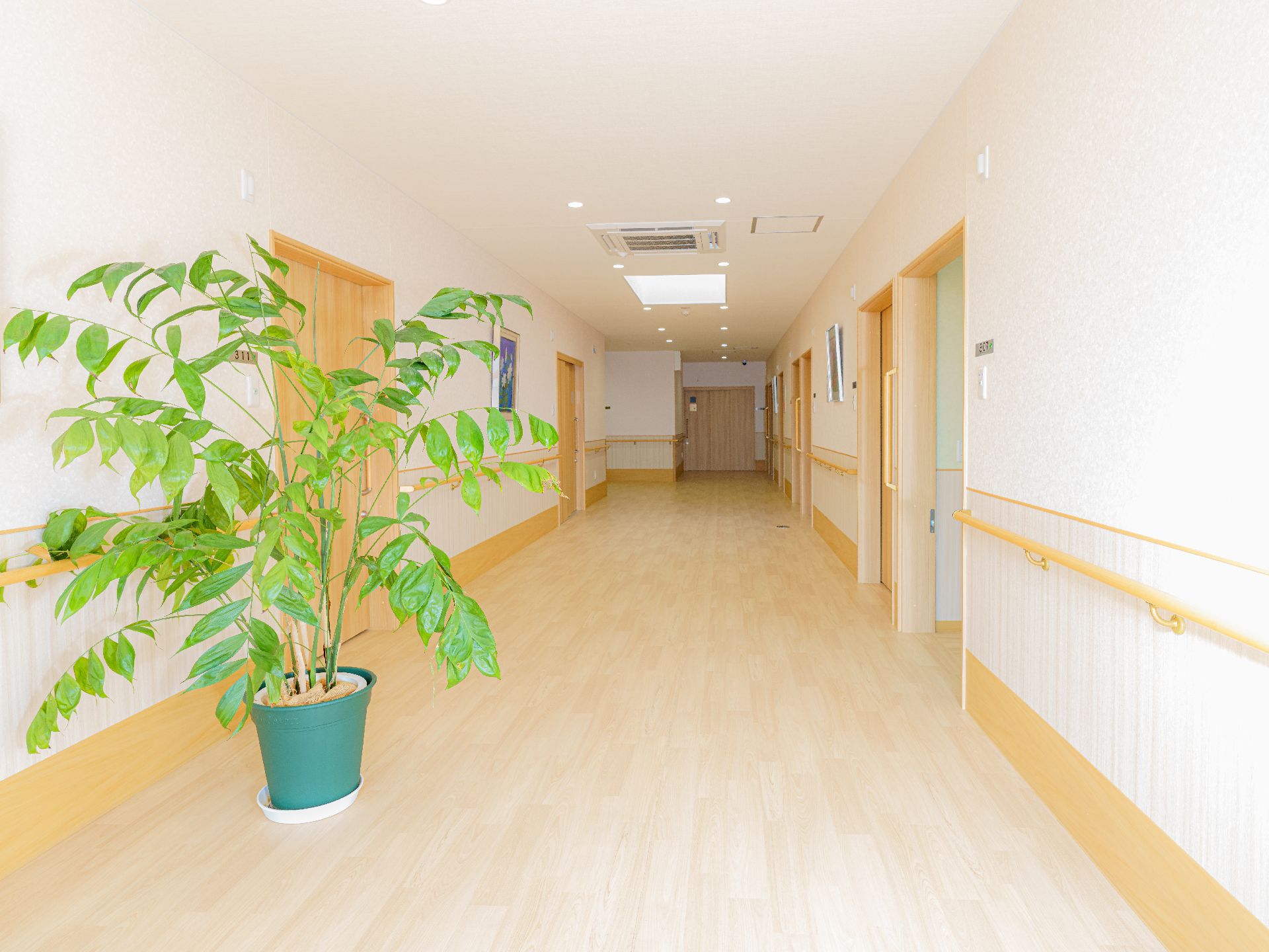 バリアフリー完備で、手すりが取り付けられ段差が解消されている廊下