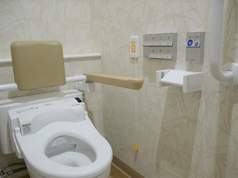 背もたれと手すりが付いたトイレにはふたがなく、壁には操作募t難と手すり、呼び出しボタン、トイレットペーパーホルダーが付いている。