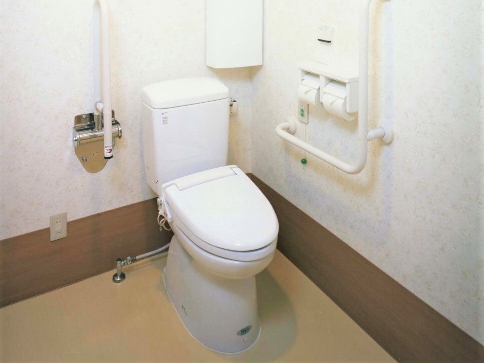 壁には手すりや呼び出しボタン、トイレットペーパーホルダーが付き、反対側には可動式の手すりが設置されている。