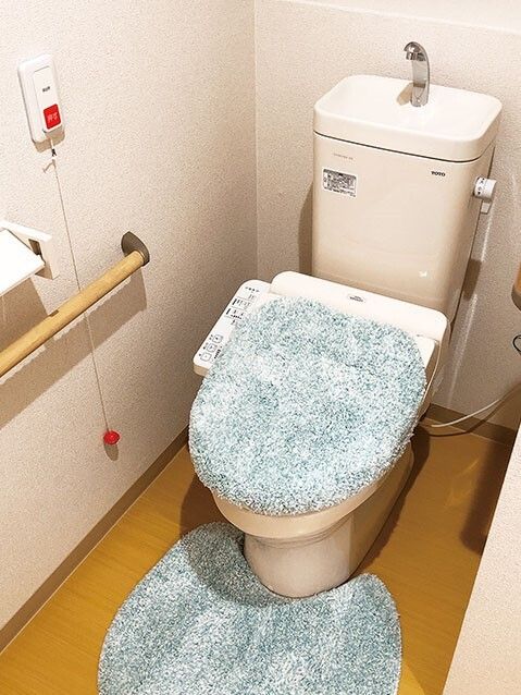 ブルーのカバーがセットされた便座。トイレの壁にはトイレットペーパーホルダーとオレンジの呼び出しボタンがある。