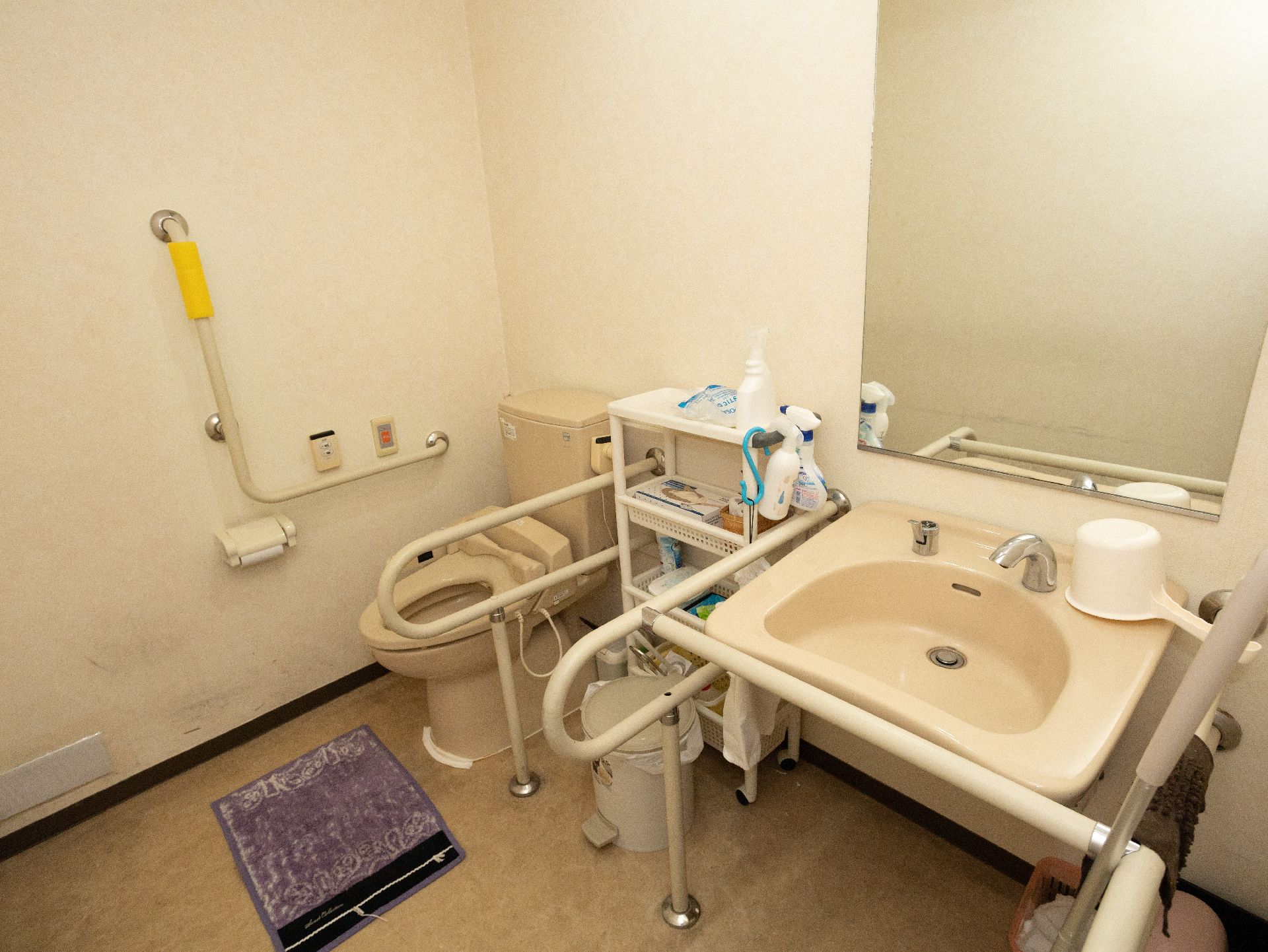 壁にL型手すりが取り付けられ、段差が解消されているトイレ