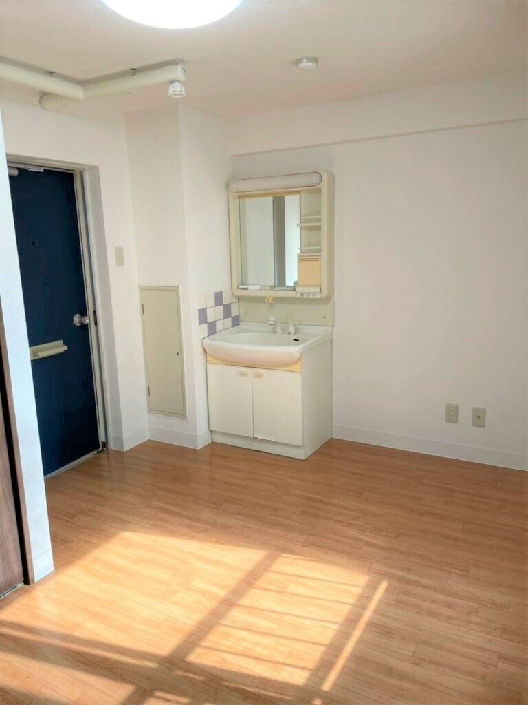 鏡が付いた洗面所があり、明るい雰囲気のフローリングの部屋には家具はない。ドアはブラックでドアノブの横にはポストのようなものがある。