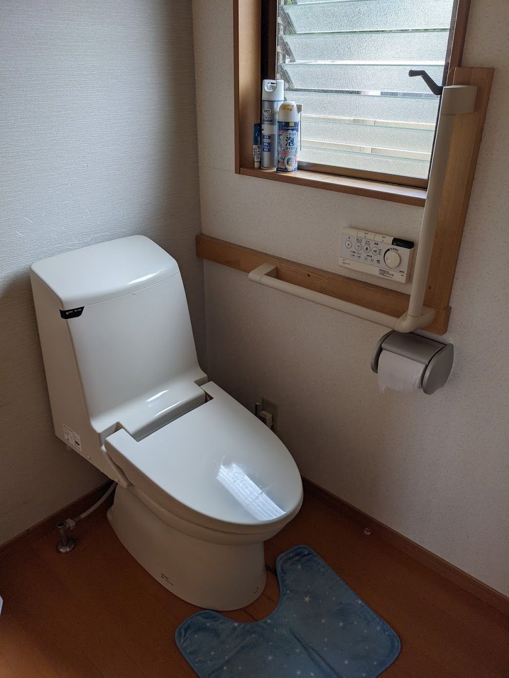 洋式のトイレが設置され、横には窓もある。トイレットペーパーホルダーのそばにはエル字型の手すりや操作パネルも付き、グリーンのマットが敷かれている。