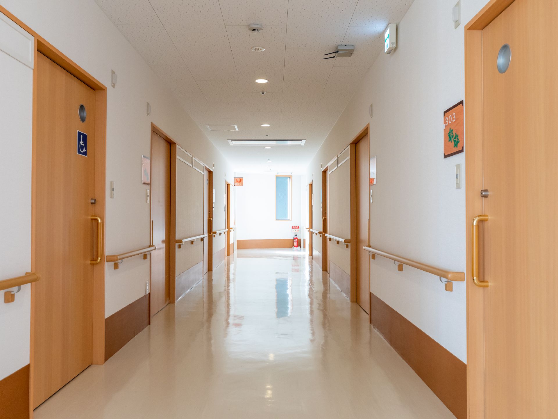 バリアフリー化され、壁に手すりが設置されている廊下