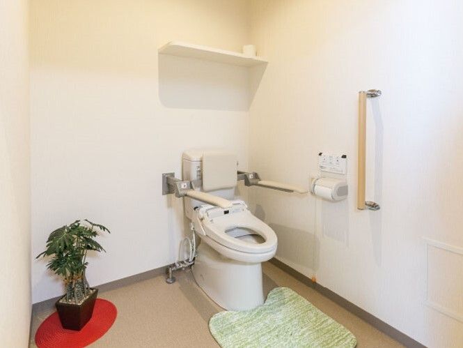 手すりがついたトイレの様子。両側と壁に丈夫な手すりが取り付けられている