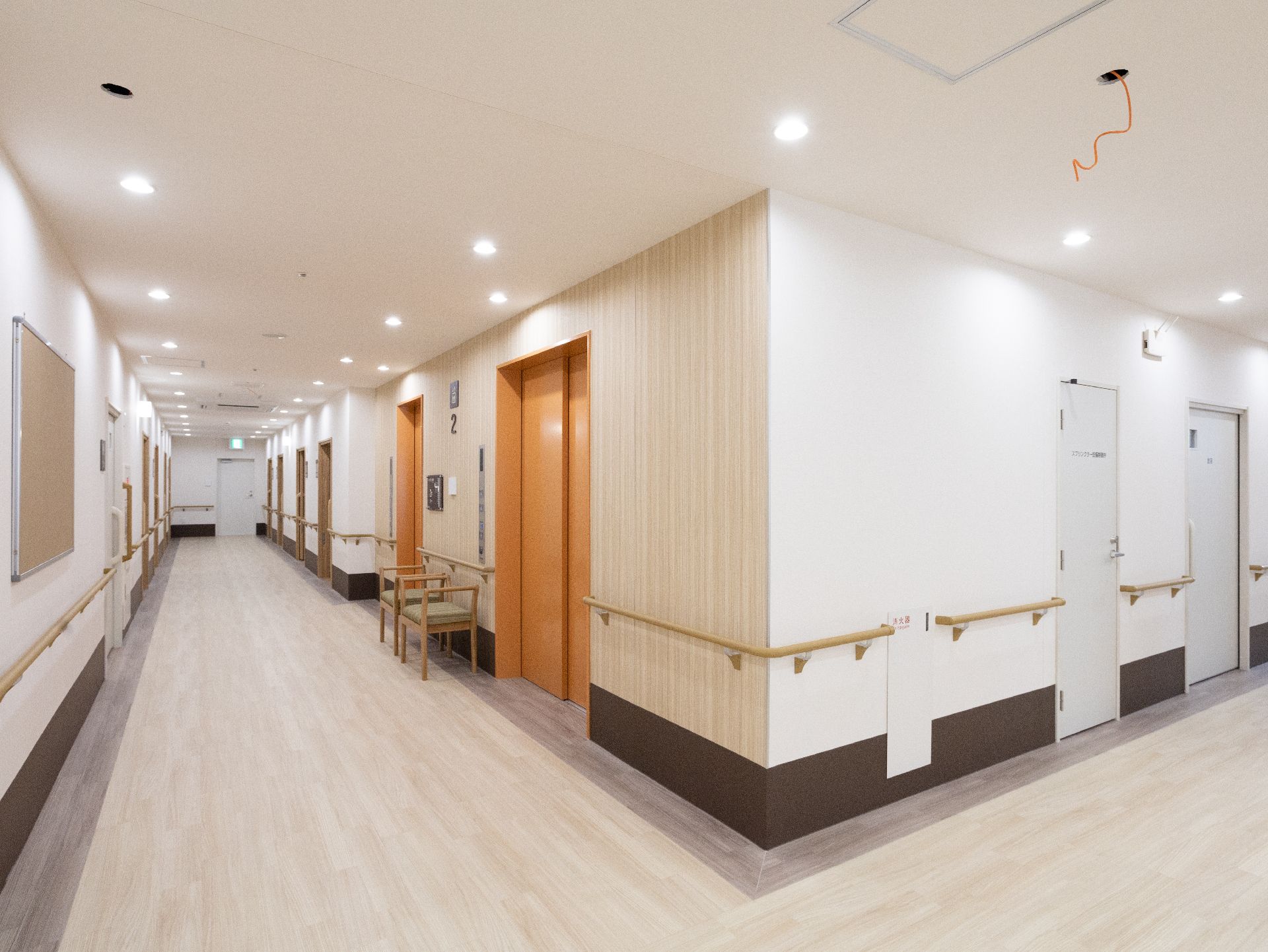 バリアフリー完備で、壁につかみやすい手すりが設置されている廊下