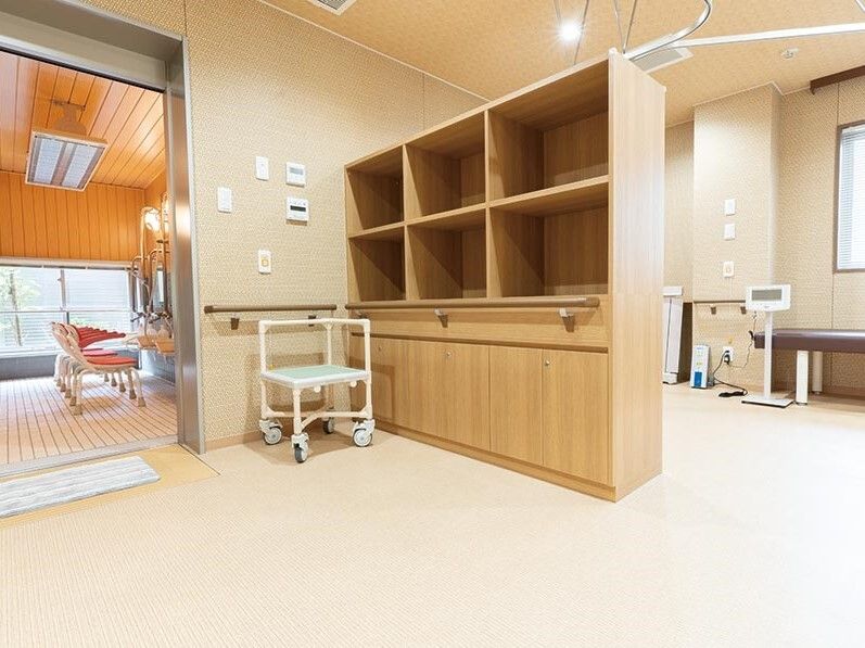 壁際にはベンチや体重計があり、浴室のドアのそばには手すり付きの棚が置かれ、マットも敷かれている。