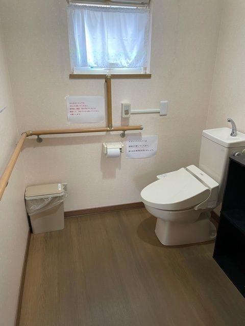 広いトイレにはシンプルな便座とトイレットペーパーホルダーがあり、ホルダーのそばには呼び出しボタンがあり、全域に手すりが付いている。