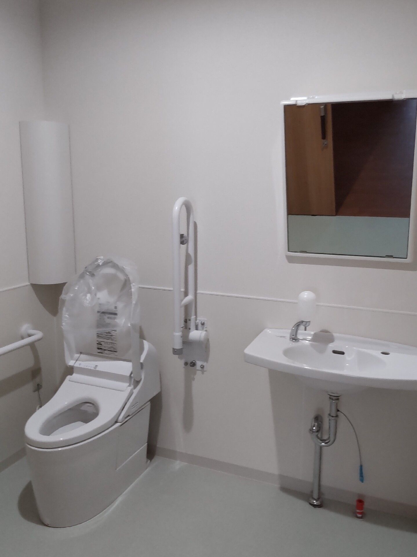 背もたれと手すりが付いたトイレが左側にあり、窓に近い場所に洗い場があり、中央にごみ箱が置かれている。