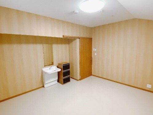 洗面台と物入などが整った施設内の居室の様子。広めのワンルームの写真