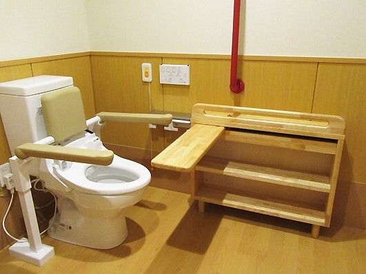 背もたれや手すりが付いた便座があり、便座の前方には木製のバーが付いた棚もある。壁には赤い手すりや呼び出しボタンもある。