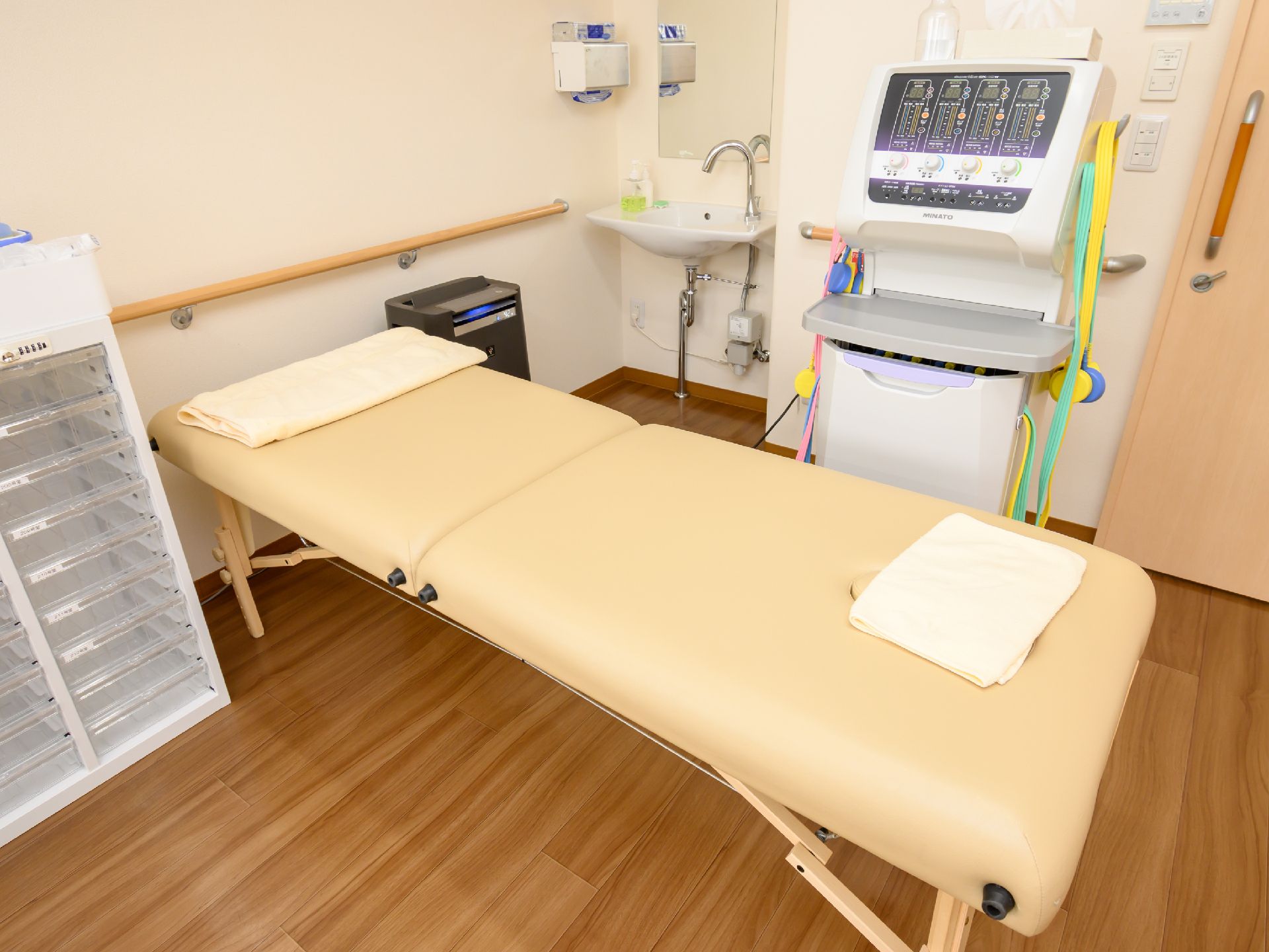 緑の多い屋外で笑顔で過ごしているベージュのエプロンを付けた若い女性スタッフと車いすの高齢女性。