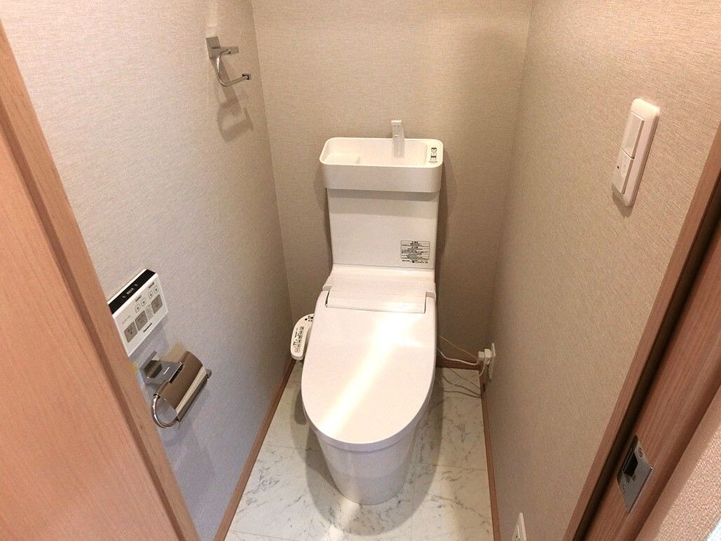 シンプルなトイレが設置され、壁には操作募tなにゃ照明のスイッチ、トイレットペーパーホルダー、タオル掛けなどがある。