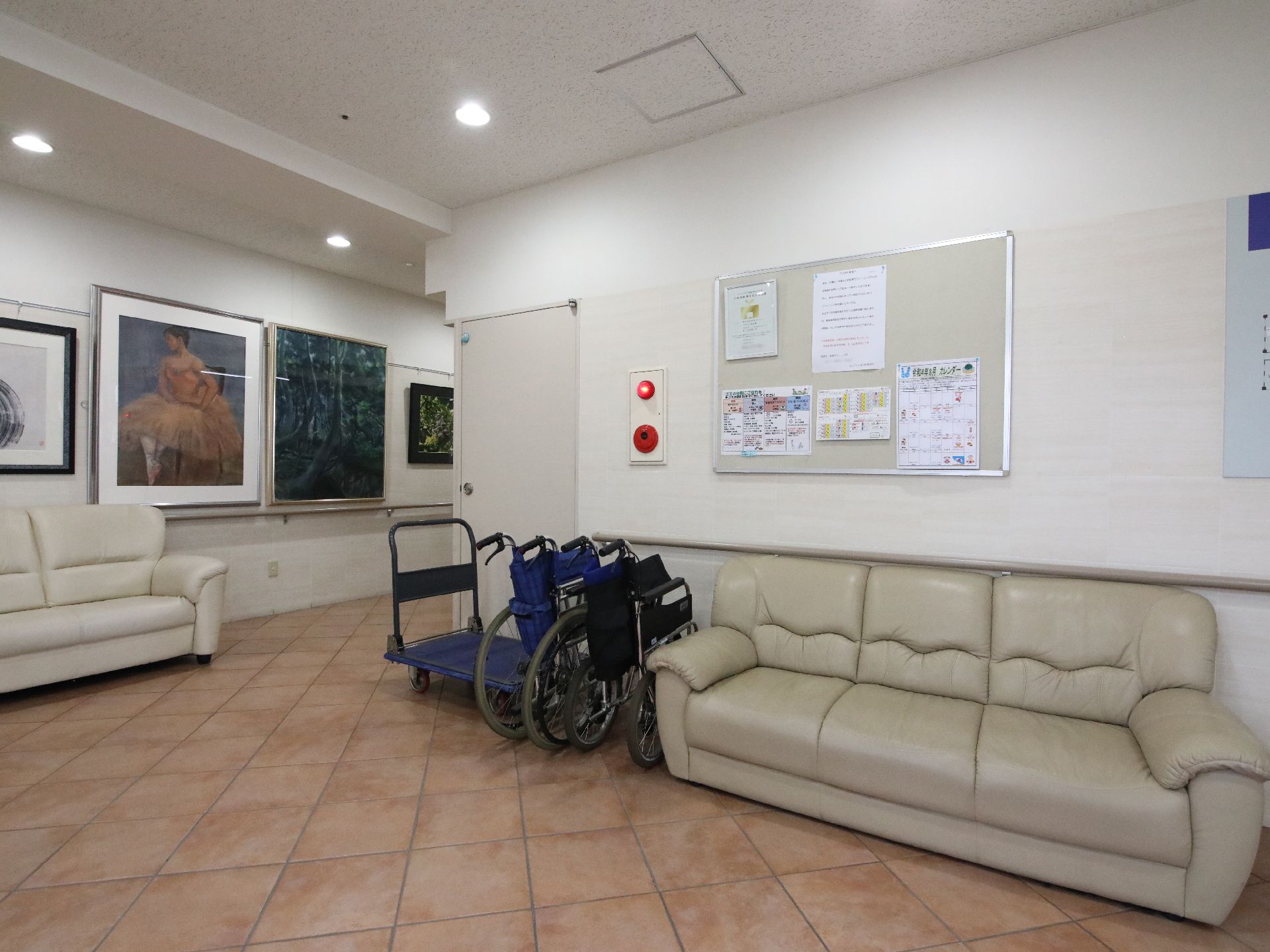 バリアフリー化され、段差がなく手すりが取り付けられている廊下