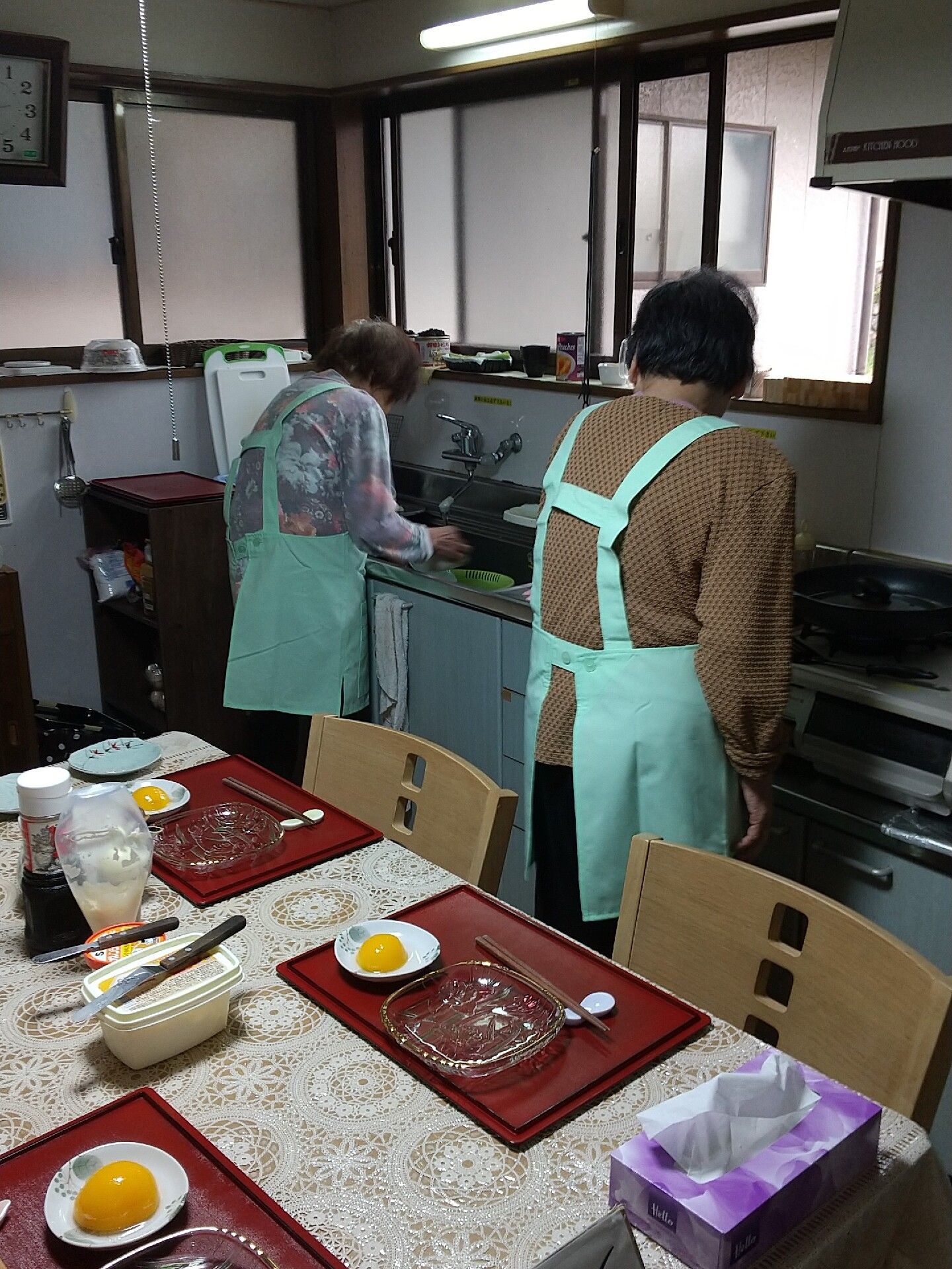 ブラウンのジャケットを着た高齢女性のそばにはエプロンを付けた若い女性スタッフがいて、散歩を楽しんでいる。