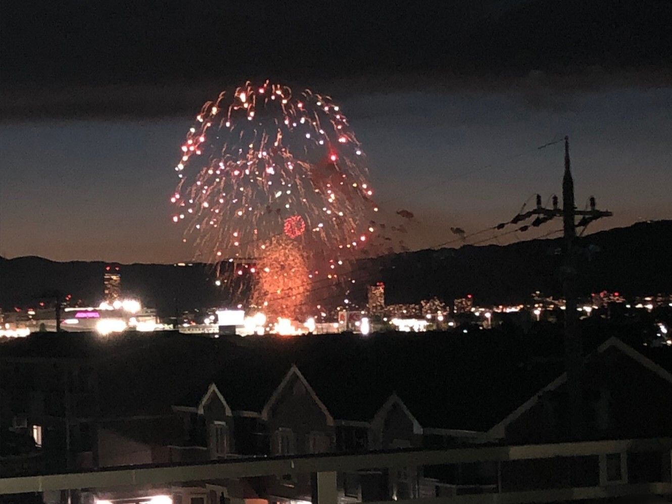 空高く上がっている柳状の花火。大小の花火が複数夜空に上がっていて、奥には山が見える。
