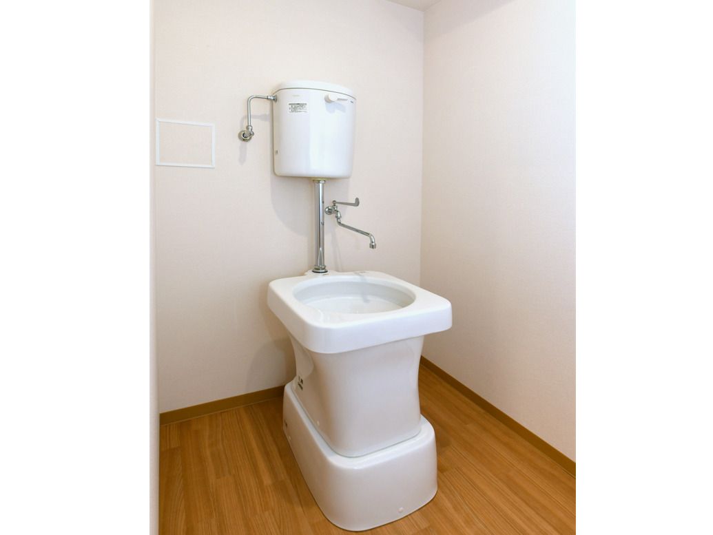 蛇口が付いた洗い場は便器のふたがない形のようなデザイン。フロアはフローリング。
