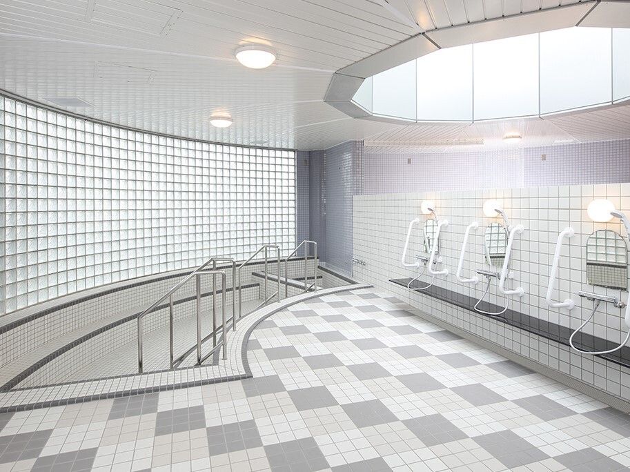 シャワースペースが右側にあり、左側には手すり付きの階段が設置されている大きな浴槽がある。