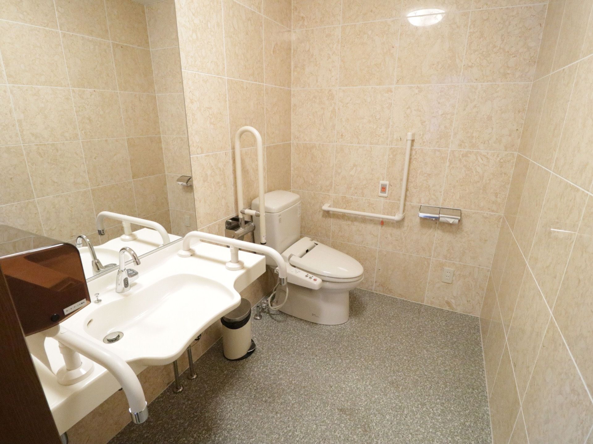 広々とした開放的な共有トイレである。温水洗浄便座の横には最新式のフットレスタイプの洗面スペースがある。