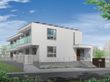 ゆるやかなスロープと階段が付いた玄関。2階建ての建物にはベランダが付き、白を基調とした清潔感のあるデザイン。