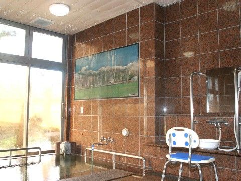 ブラウンのタイルで落ち着きが感じられる、広々とした浴場