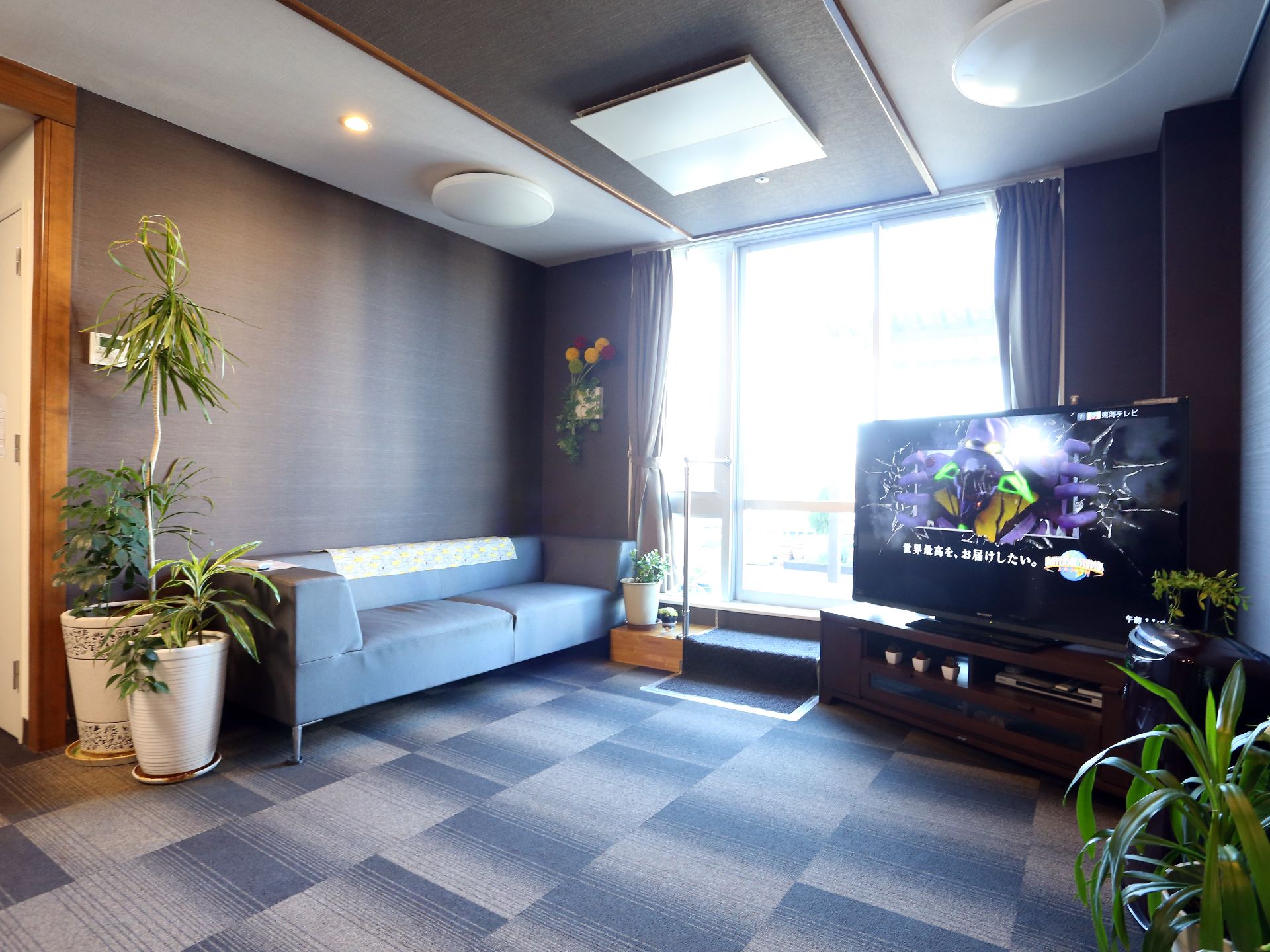 大画面のテレビを設置した部屋ではゆったりとテレビ鑑賞を楽しめるようにソファを完備している。大きな窓や観葉植物がありくつろぐことが出来る。