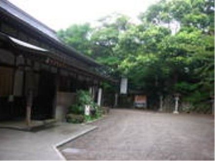 高い木の生い茂った葉の緑を背景に、神社の建物がある。木の枝は建物の屋根を覆い、前の広いスペースの脇には灯篭も見られる。