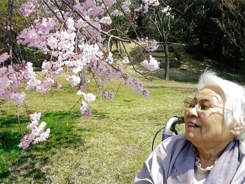 満開に咲いている春の花を間近に見ながら微笑んでいる入居者様