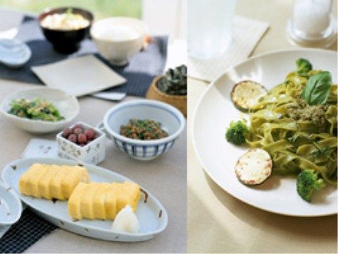 厚焼き玉子の添えられた和食と、野菜をあしらった緑色のパスタ
